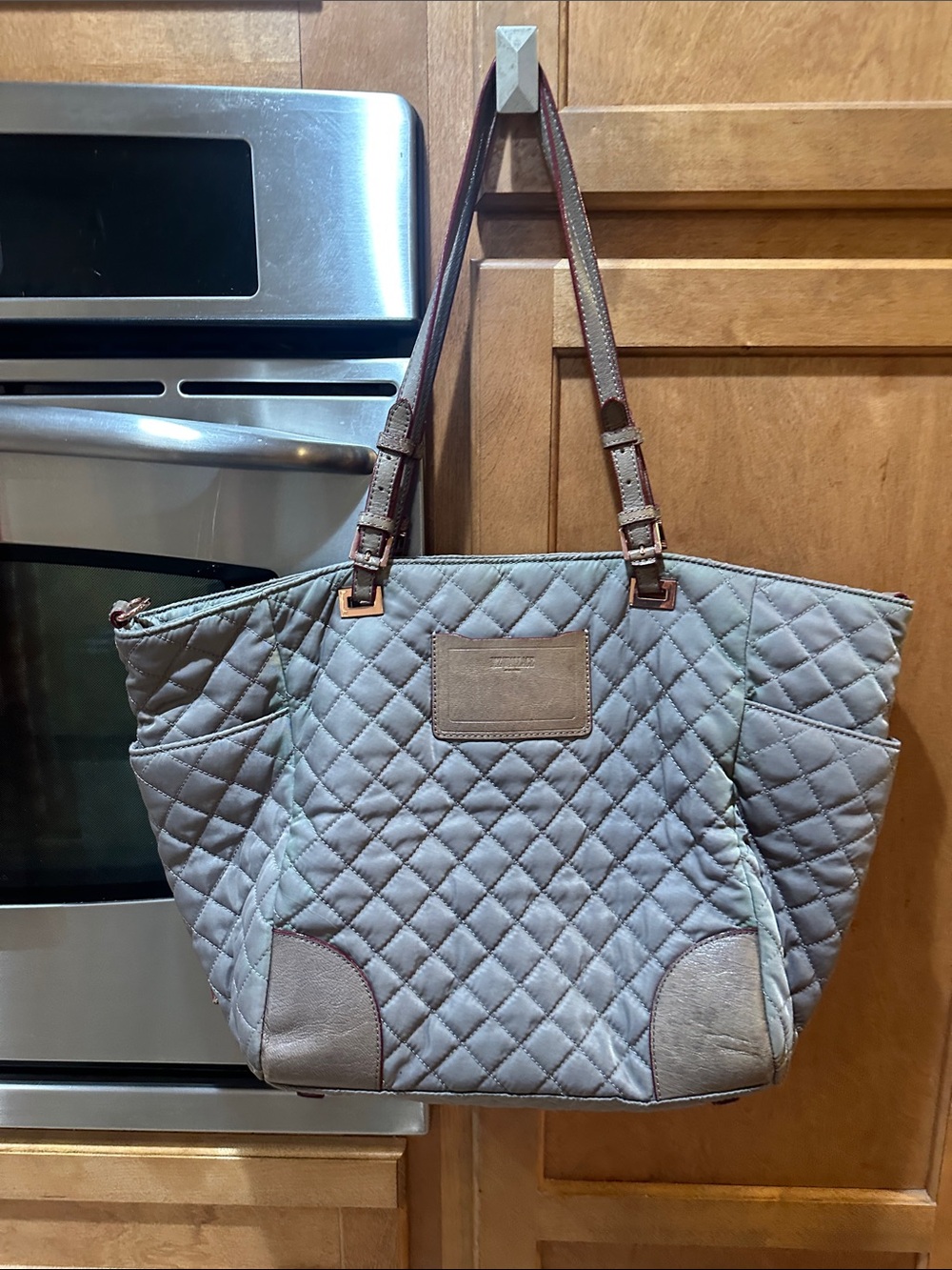 MZ Wallace Quilted Tote in Light Gray with Brown Straps